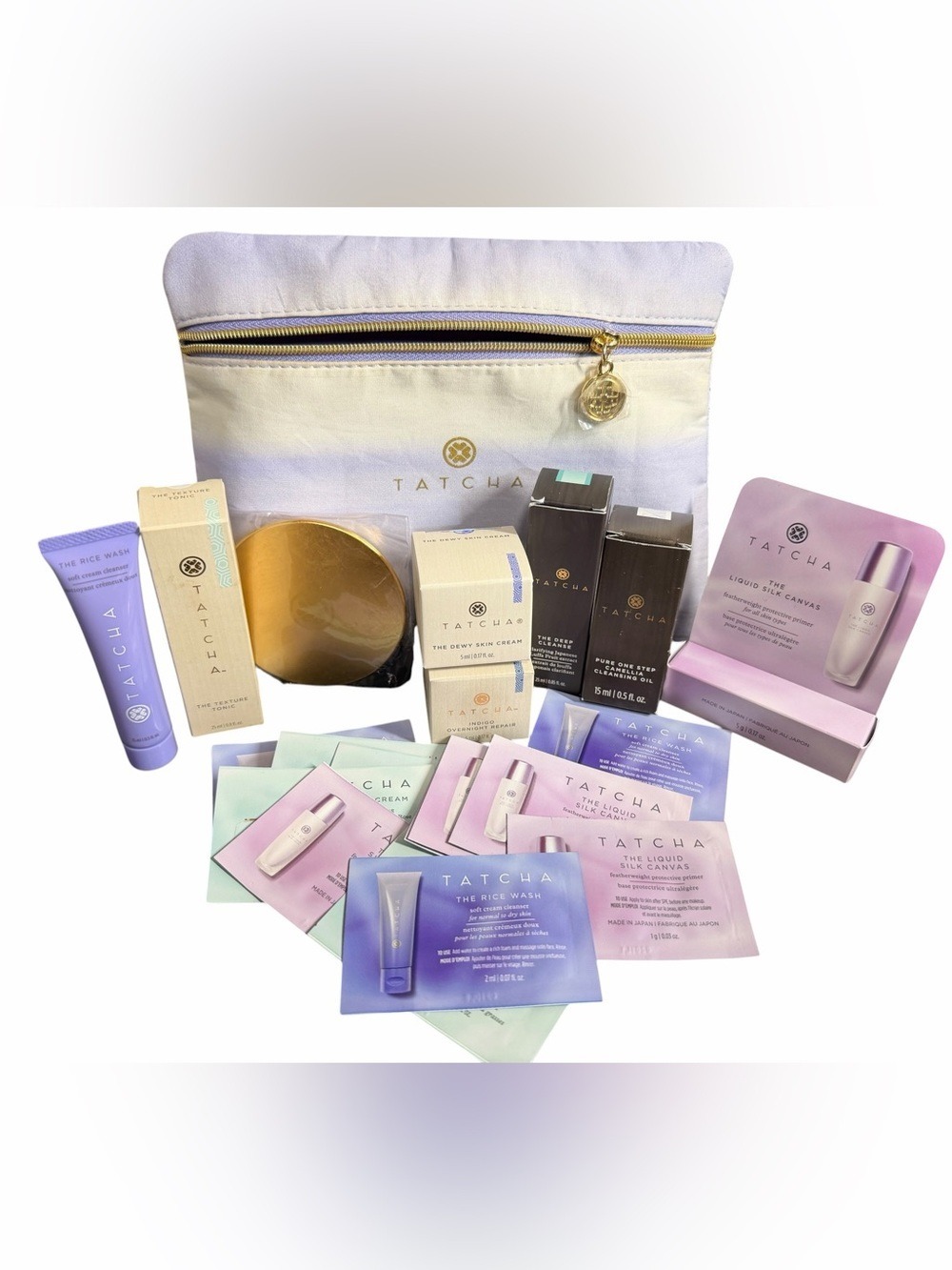 Tatcha Skincare Set with Mirror & Tatcha  Zippered Makeup Bag